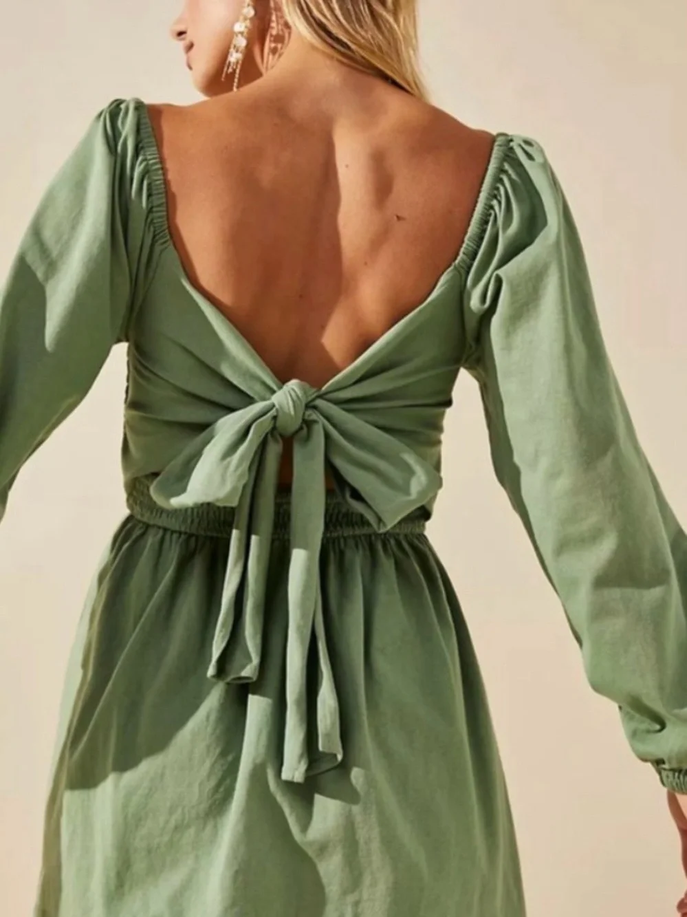 Free People Smocked Square Neck Long Sleeve Mini Dress - Sage Green